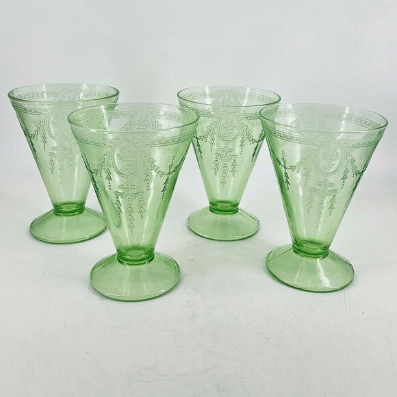Depression Uranium Glow glass Belmont rose cameo Footed glasses 4 dessert cups - Picture 4 of 7